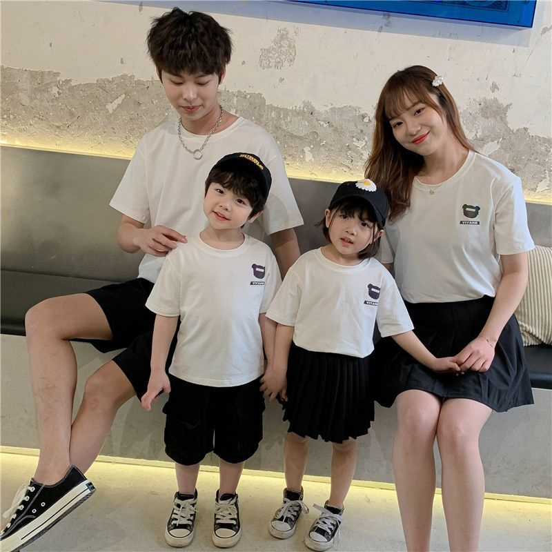 叮当猫童装网红韩版洋气一家三四口家庭装反光小熊亲子装短袖t恤