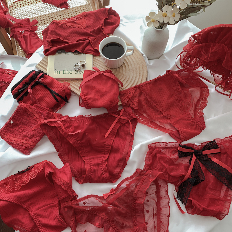 大红色内裤女新年本命年中腰性感网纱甜美三角裤纯棉裆底裤大码