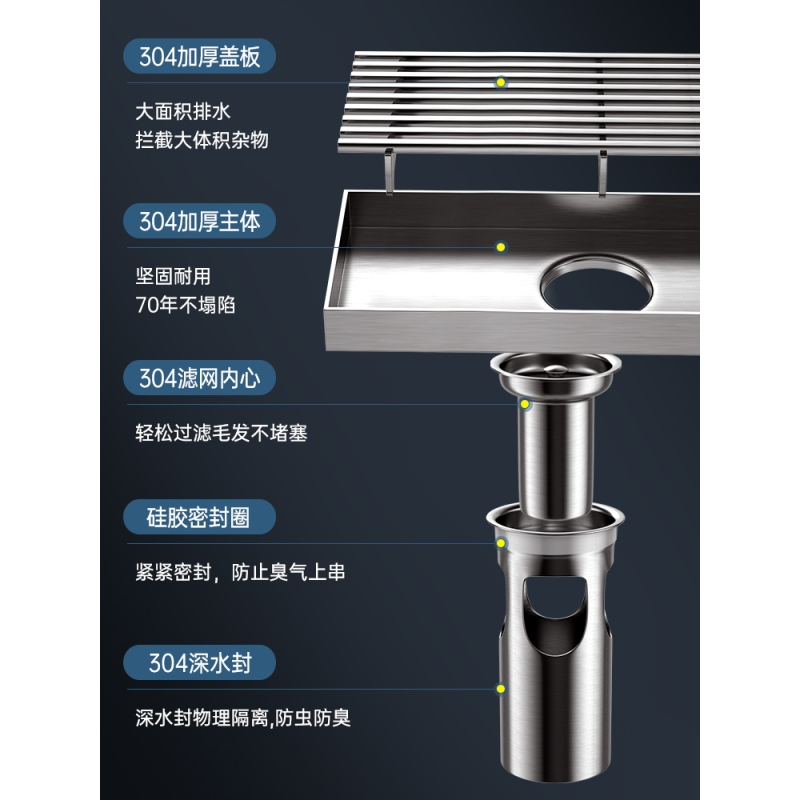 长条形地漏防臭304不锈钢卫生间淋浴房浴室长方形加长大排量条型_373