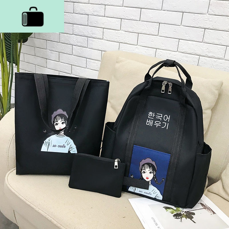 手提书包女学生韩版防水帆布印花ins校园双肩包男女通用时尚百搭NEW LAKE 女生版三件套黑色女孩