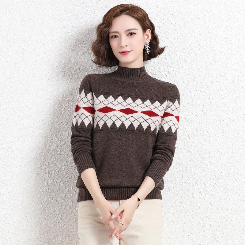 免费试穿羊绒衫女半高领冬季新款加厚羊毛衫女套头针织衫印花显瘦打底