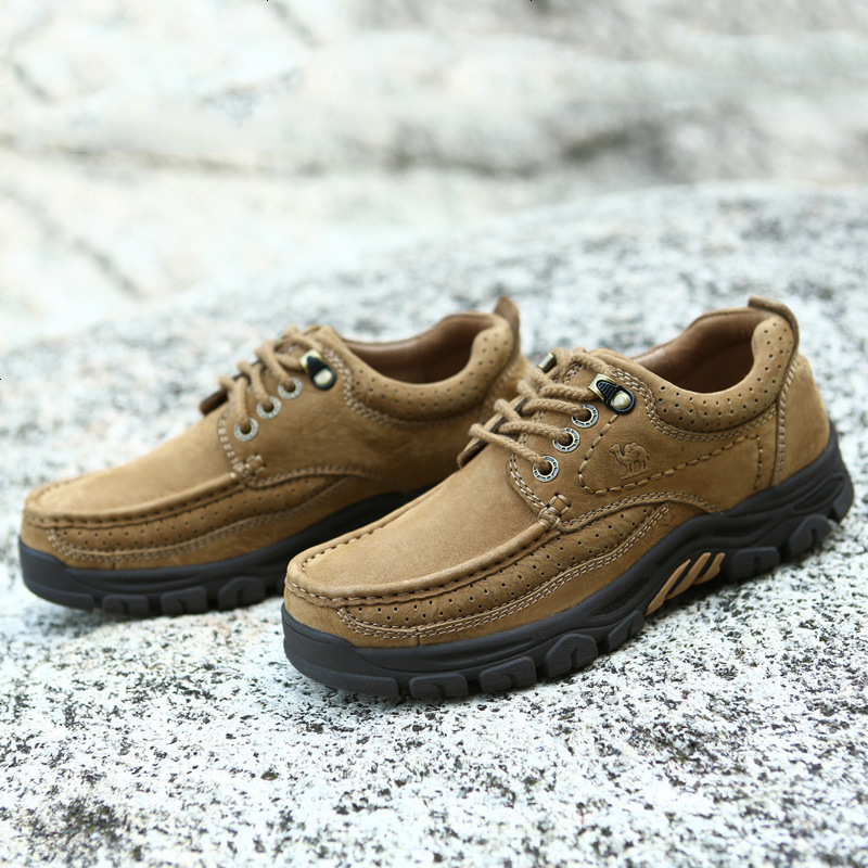 camel户外休闲鞋男士磨砂牛皮休闲皮鞋牛皮系带休闲鞋子低帮