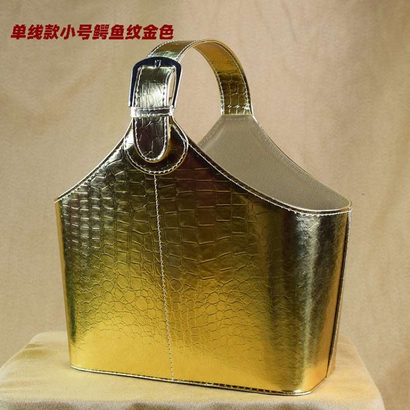 家柏饰(CORATED)皮质礼品篮皮革手提皮篮子中秋节日礼篮私教收纳篮圣诞春节水果篮 单线款小号鳄鱼纹金色