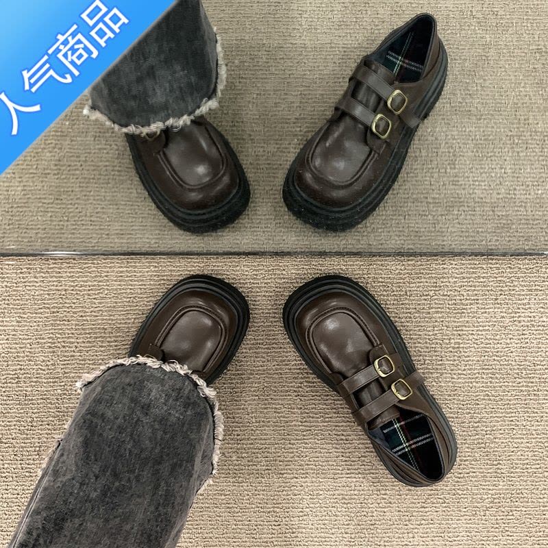 SUNTEK厚底小皮鞋女春秋2023新款黑色法式玛丽珍单鞋英伦大头百搭乐福鞋图片