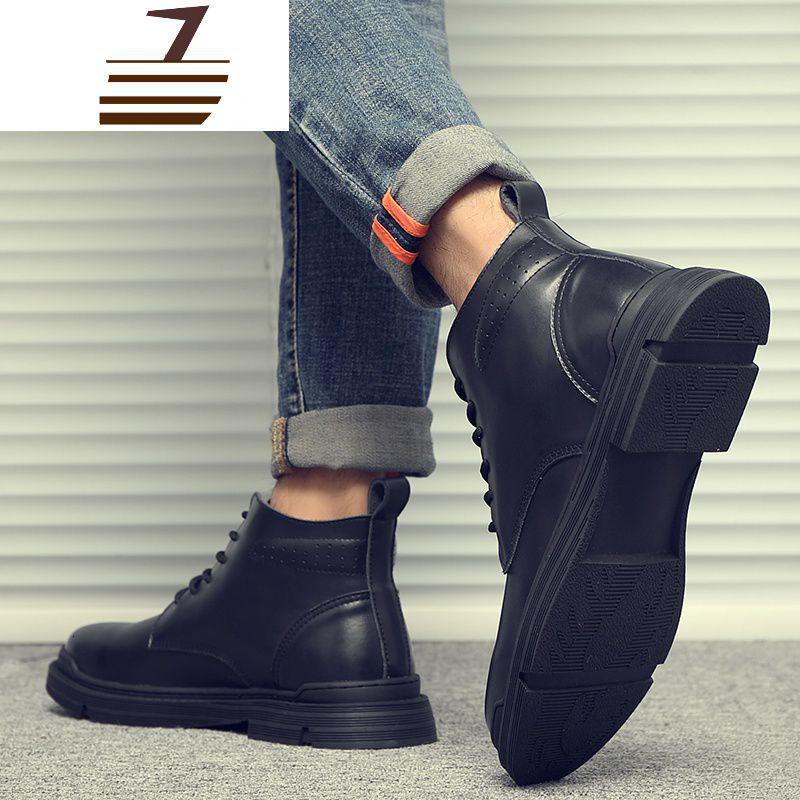 尗卡黑色高帮皮鞋马丁靴男英伦风软皮真皮休闲新款内增高百搭男士高帮