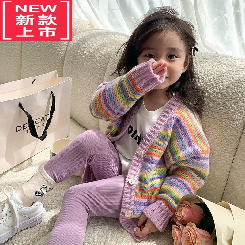 可莉允女童甜美气质彩虹针织毛衣开衫外套2022秋款小女孩洋气上衣潮童装图片