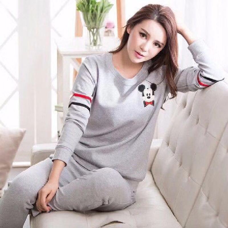 睡衣女春秋款大码长袖睡衣女韩版休闲睡衣女夏季短袖七分裤家居服_1_30 3XL【体重140-180斤】 【CX-灰色米奇头】