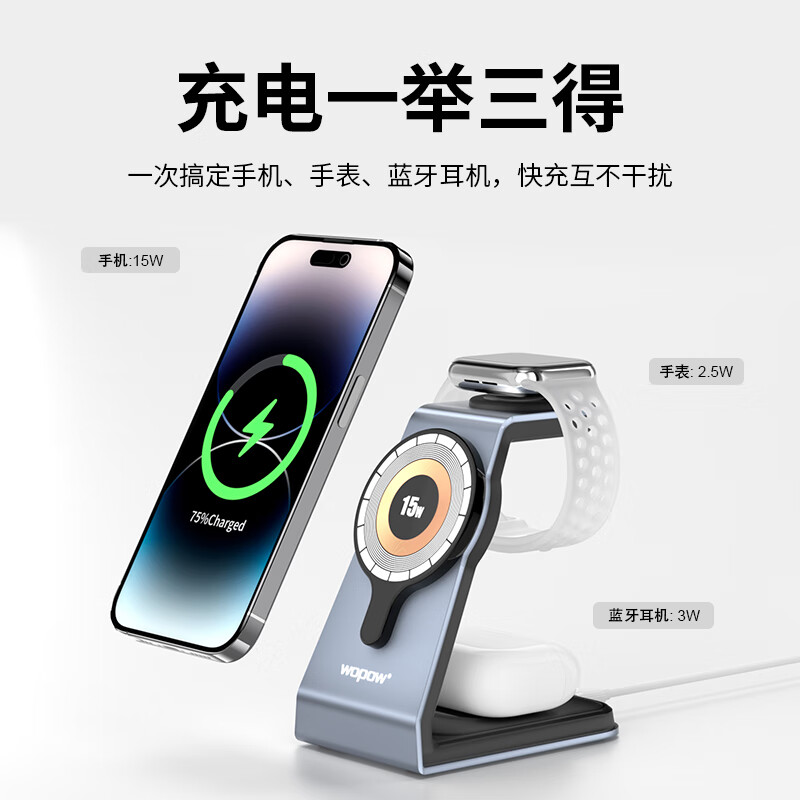 沃品MW02 三合一无线充电器磁吸手机支架15W快充适用iPhone15/14华为小米耳机iWatch手表(影)高清大图