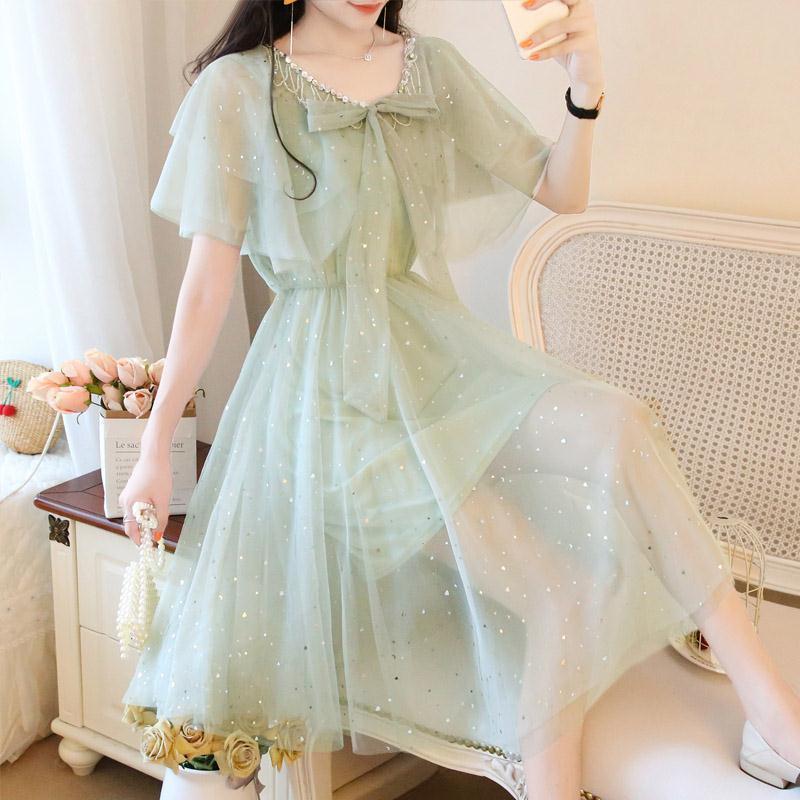 抹茶绿很仙的行裙子重工钉珠蝴蝶结系带亮片网纱仙女连衣裙夏天