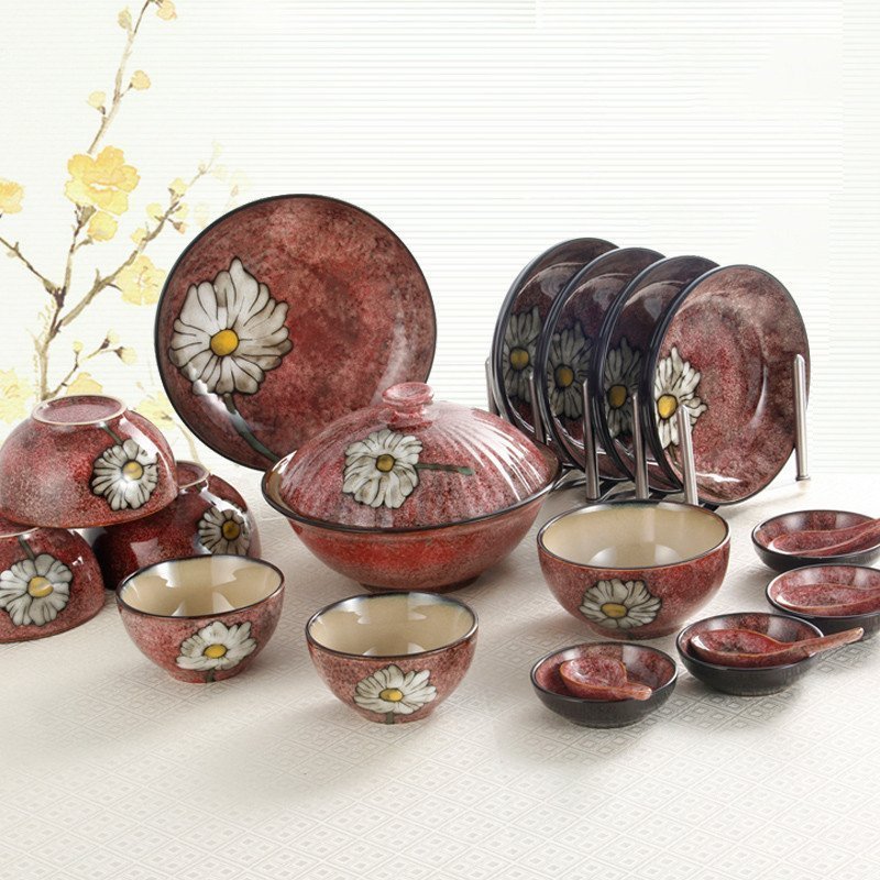 [玉泉]韩式 餐具套装碗碟 中式陶瓷碗盘筷子 釉下彩家用20头红
