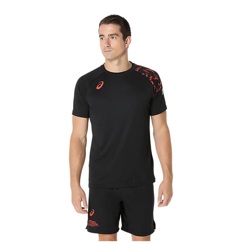 Asics男士吸湿速干彩印圆摆下摆短袖T恤运动训练比赛服