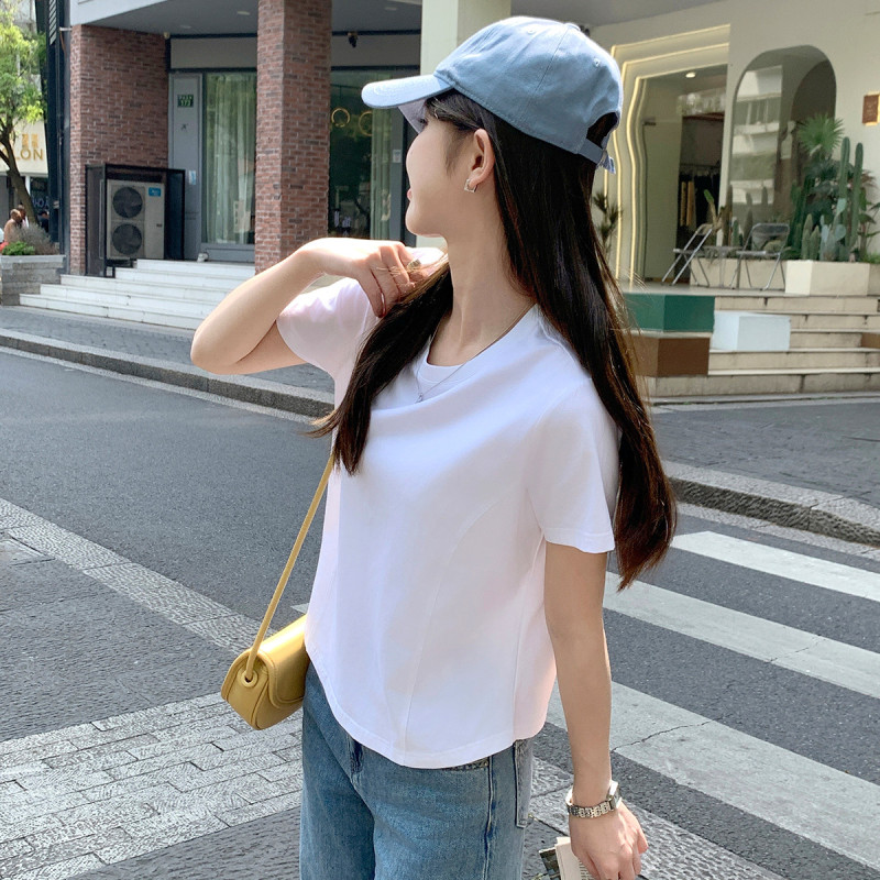 [2.5折价46元]唐狮夏季女圆领正肩分割短款短袖T恤显瘦简约百搭气质韩系