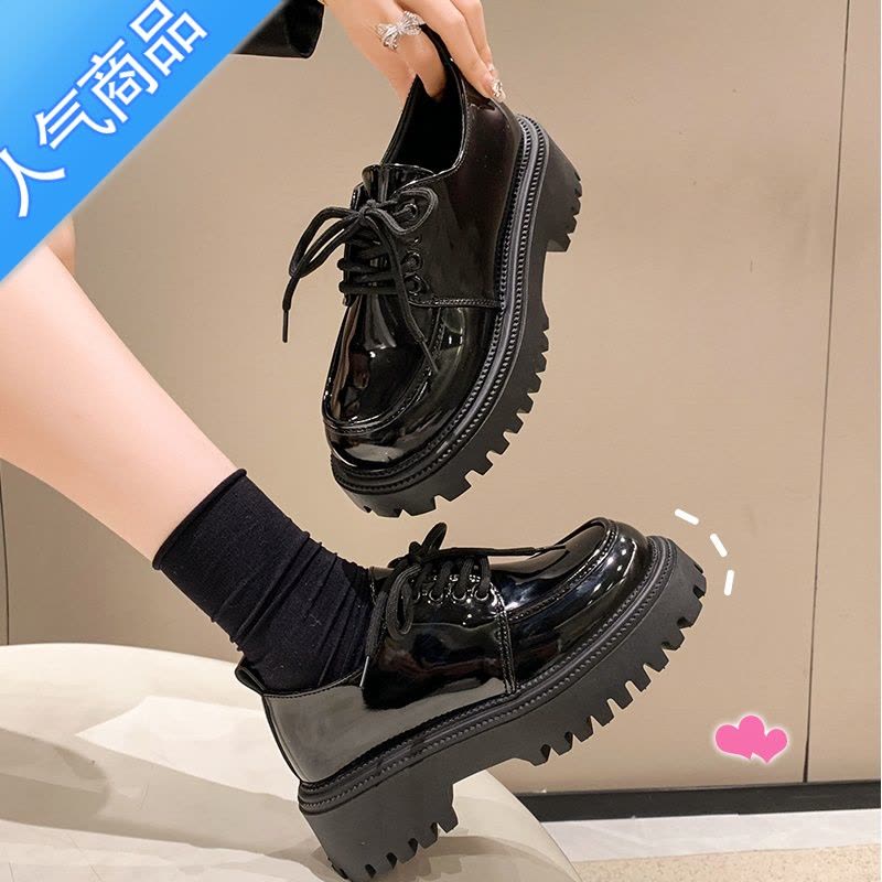 SUNTEK厚底乐福鞋女2023年春夏新款百搭英伦风黑色系带小皮鞋日系jk鞋子图片