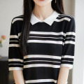 夏季女装新款曲珠冰麻丝POLO领针织衫条纹T恤短袖女背心 L 黑色