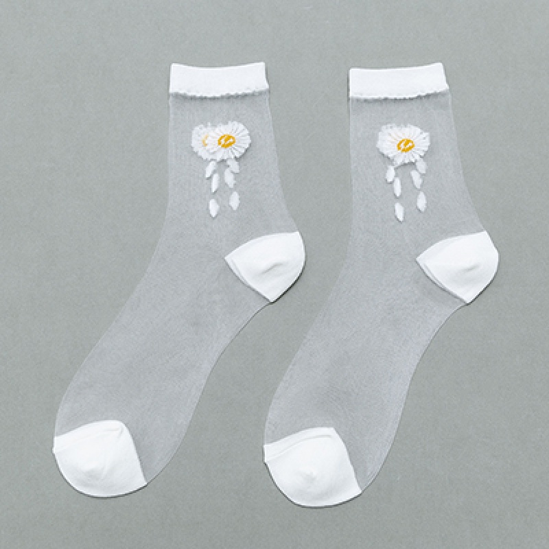 suntek玻璃丝袜子女小雏菊中筒袜夏季薄款仙女袜透明网纱白色水晶丝袜