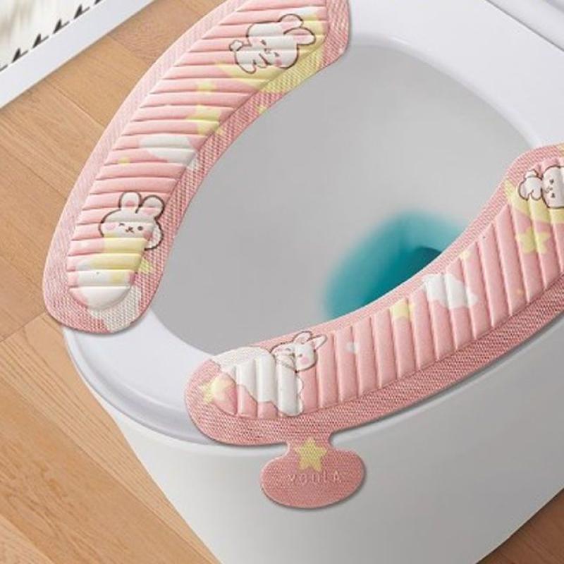 坐便垫粘贴式防水可爱马桶贴片坐便垫自粘抗菌家用自带提手马桶垫-月亮兔+蓝色小熊【2对装】