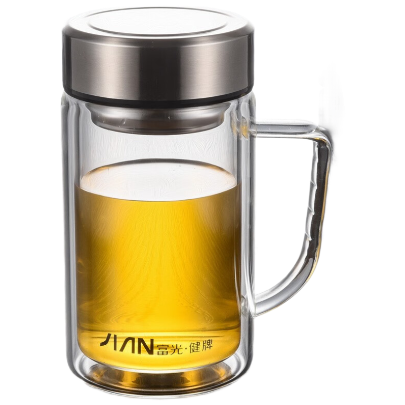 富光 带把玻璃杯双层大容量泡茶杯手柄 蓝色380ml