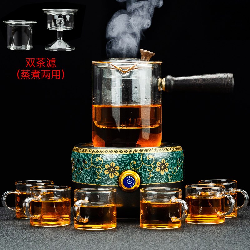家用玻璃煮茶器黄金蛋电陶炉套装侧把烧茶壶普洱蒸汽蒸茶壶泡茶整套 暗香电陶炉+畅意煮茶壶8件套