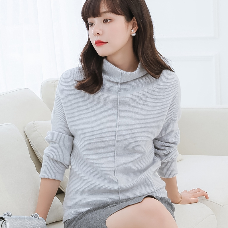 18秋冬新款一字领针织羊绒衫女修身打底衫双层加厚毛衣外套