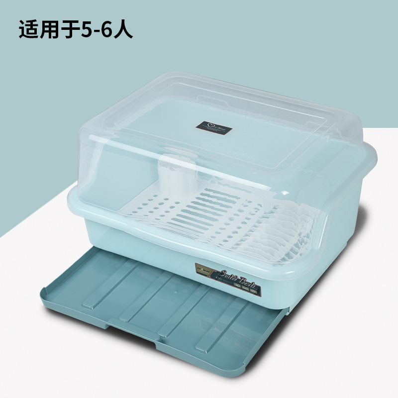 装碗筷收纳盒放碗箱沥水碗架厨房家用带盖碗盆碗碟置物架塑料碗柜 升级款抽屉式蓝色大号