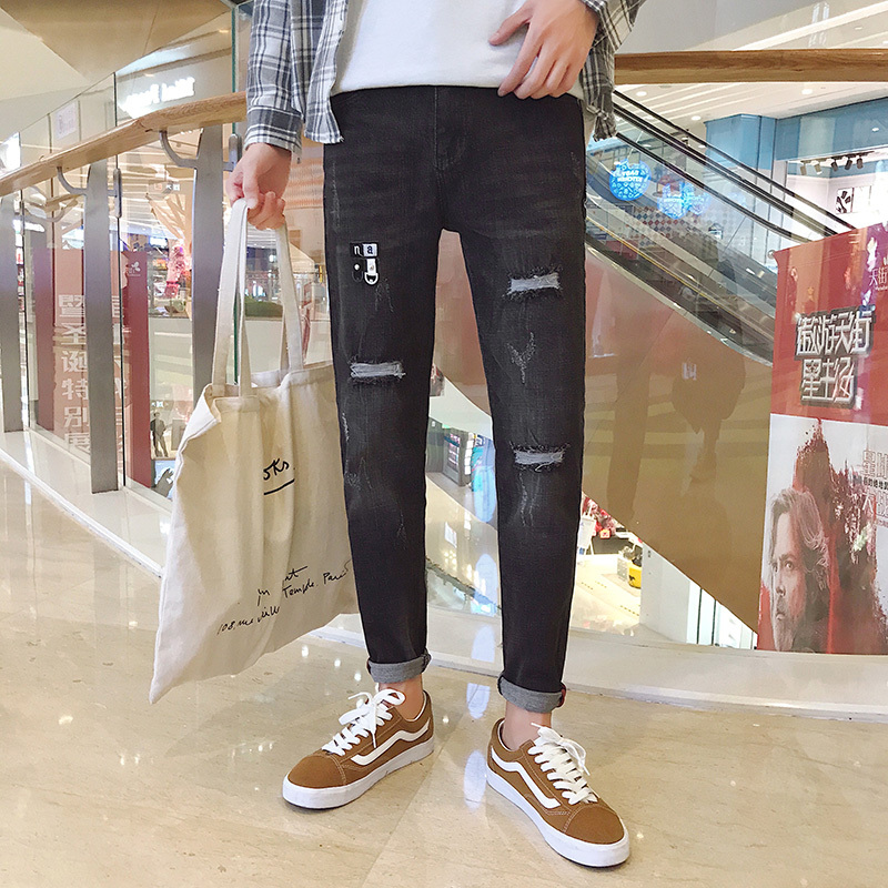2018春夏新品个性青年破洞九分裤潮男款修身牛仔裤夜店潮型师