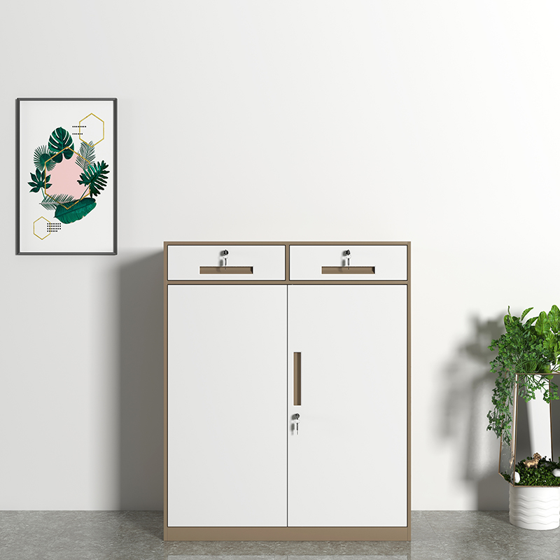 初嘉WJGT-017钢制文件柜窄边资料柜拆装档案柜带锁储物柜咖白套二斗矮柜