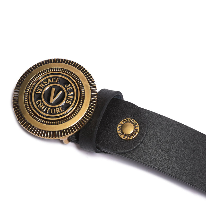 范思哲versacejeanscouture男士皮革黑色v字徽章搭扣可裁剪皮带腰带