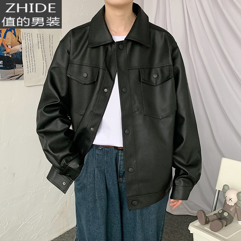 SUNTEK春季新款男士皮夹克港风宽松机能风翻领外套韩版潮牌炸街痞帅上衣夹克