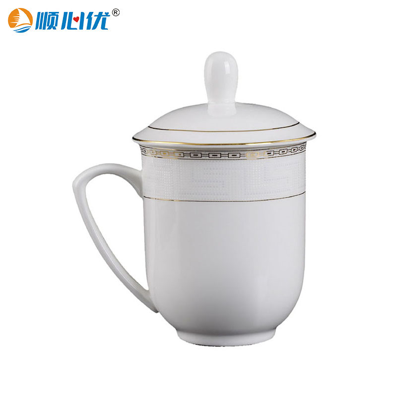 顺心优 陶瓷骨瓷带手柄办公茶杯暗纹金边茶杯 350ml/个高清大图