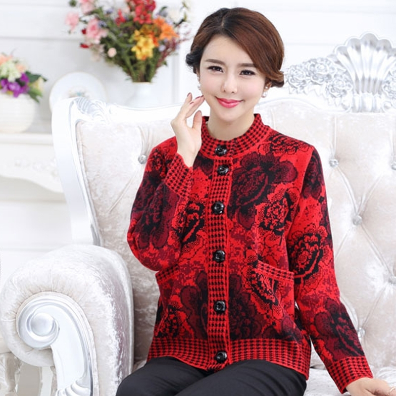 秋装新款中老年女士羊绒衫系扣羊绒开衫妈妈装毛衣大码长袖厚