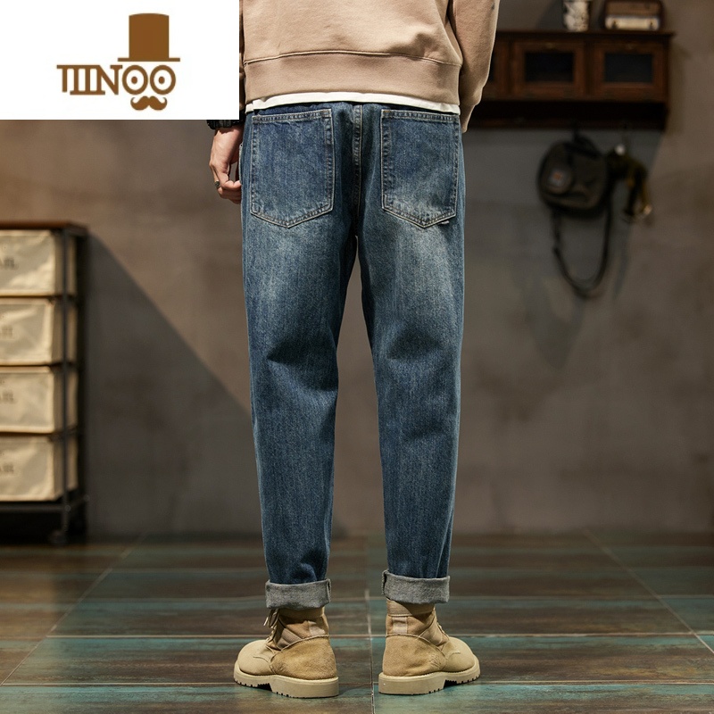 YANXU直筒牛仔裤男士美式复古潮牌宽松大码工装九分休闲长裤子2023高清大图