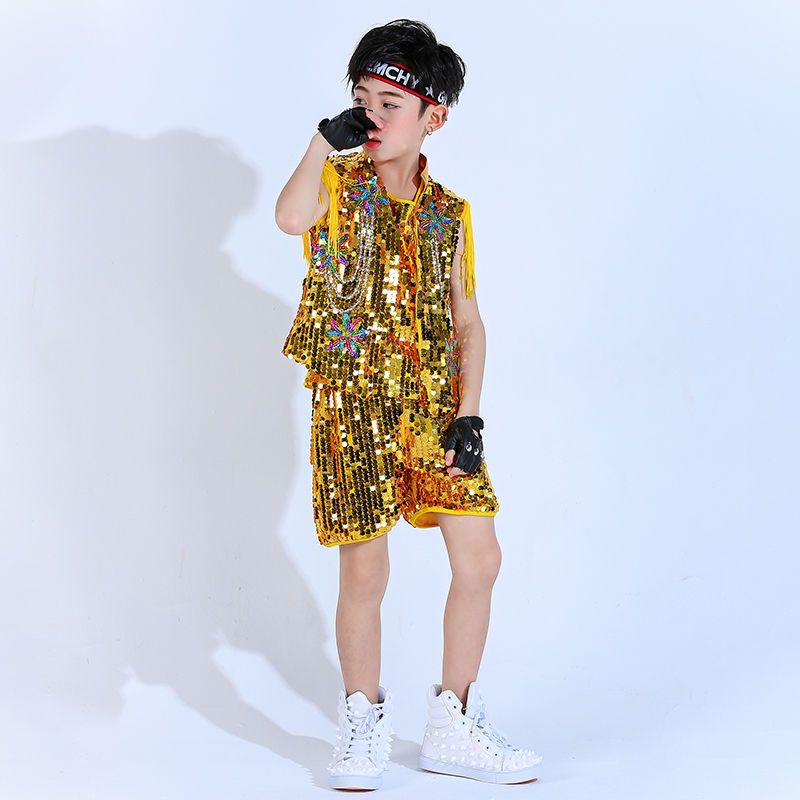 新款儿童架子鼓街舞演出服幼儿园亮片爵士舞表演服男孩套装夏季潮