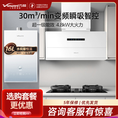 万和30m³顶侧双吸烟机WB895Z1+G6L50 4.8KW燃气灶液化气灶具+16L大容量热水器16M6 PRO三件套