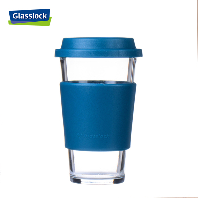 三光云彩(GLASSLOCK)玻璃水杯韩国进口钢化耐热玻璃茶杯带盖带隔热套 宝石蓝 RC106-1 500ml办公室水杯