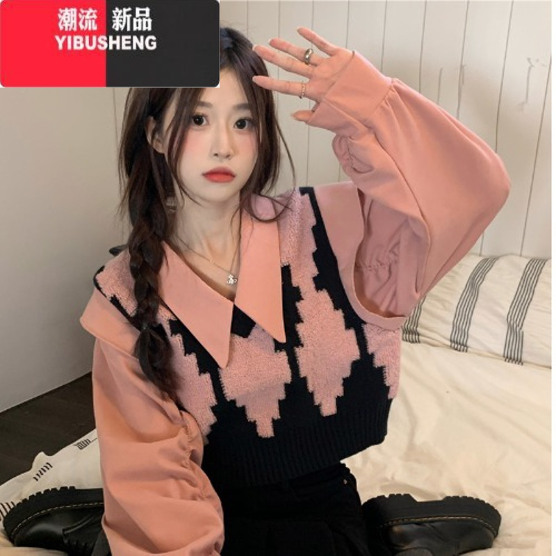 yibusheng假两件格子针织衫女气质毛衣设计感小众宽松小个子短款上衣