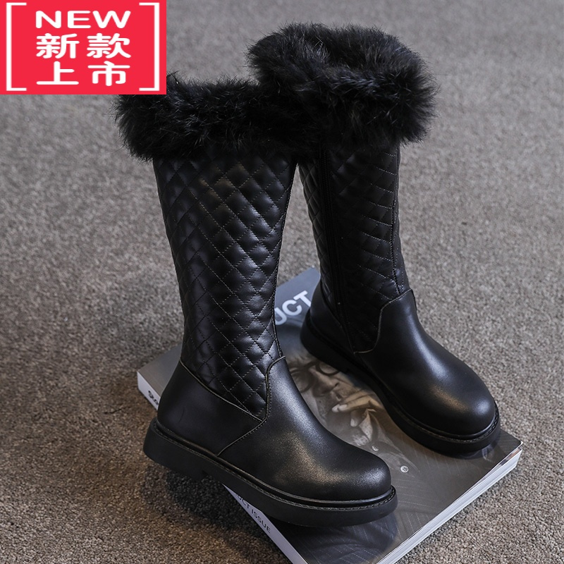 可莉允女童靴子长筒靴2022冬季加绒棉靴皮靴高筒靴公主长靴儿童鞋雪地靴