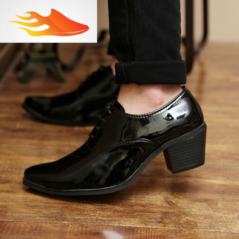 basket漆皮男士皮鞋尖头高跟鞋夜店男鞋子英伦男式鞋黑色皮鞋高跟鞋男