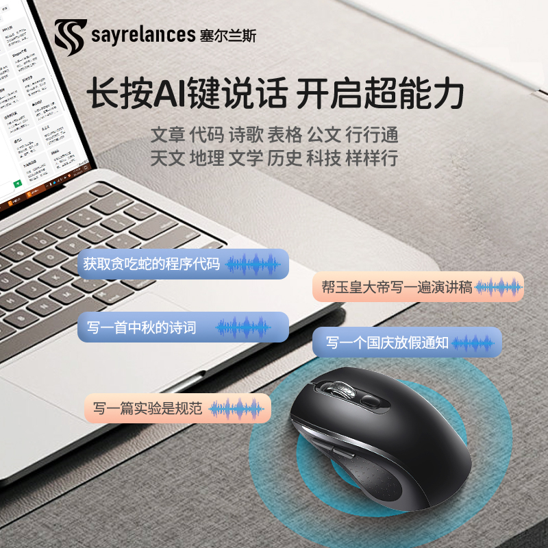 sayrelances塞尔兰斯 AI无线智能鼠标M8 (黑色)高清大图