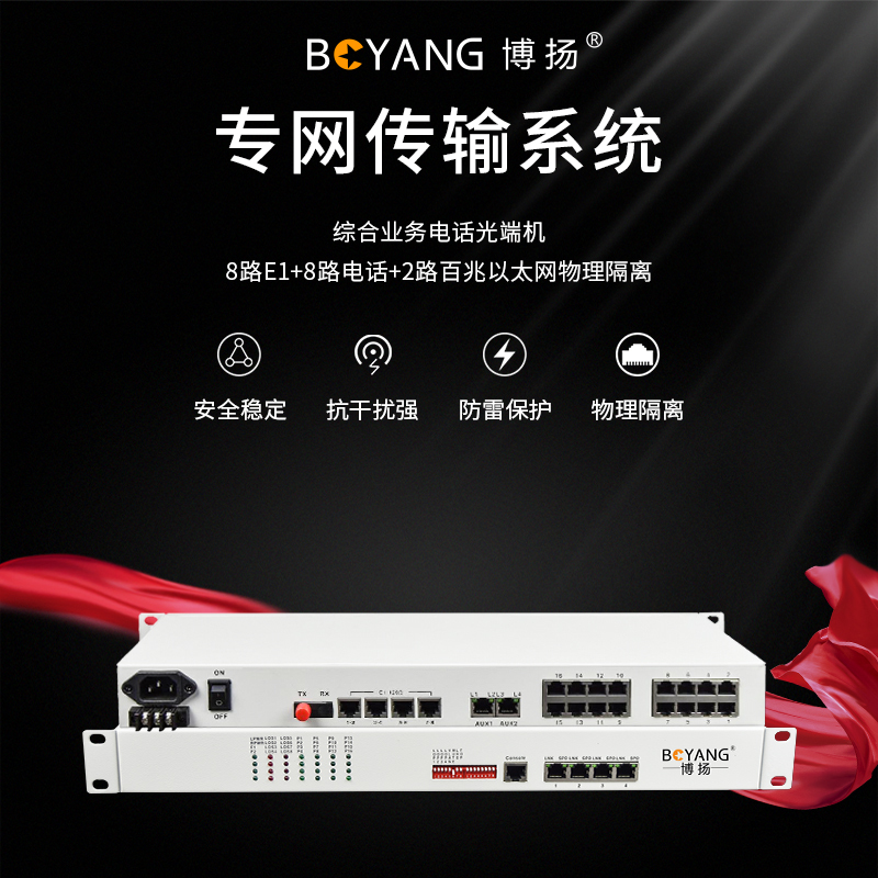 博扬 综合业务电话光端机 8路E1+8路电话+2路百兆以太网物理隔离 单纤80km 机架式 1对价