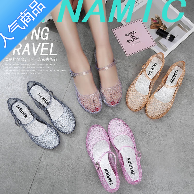 SUNTEK水晶凉鞋亲子新款百搭防滑耐磨果冻中空包头透明粗坡跟女鞋子2020高清大图