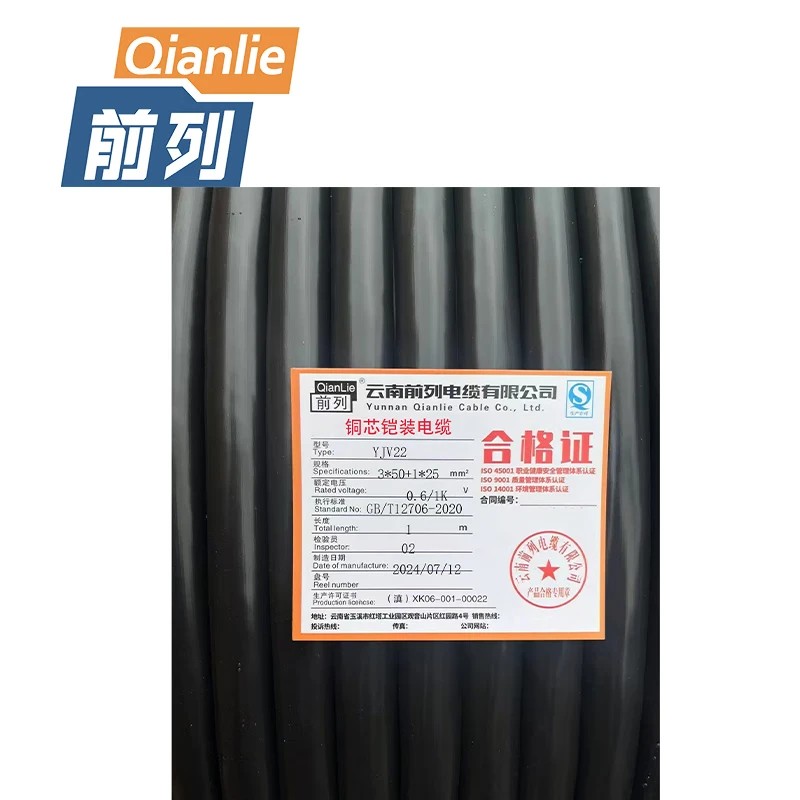 前列Qianlie 铜芯铠装电缆YJV22-3x50+1x25mm2 米高清大图