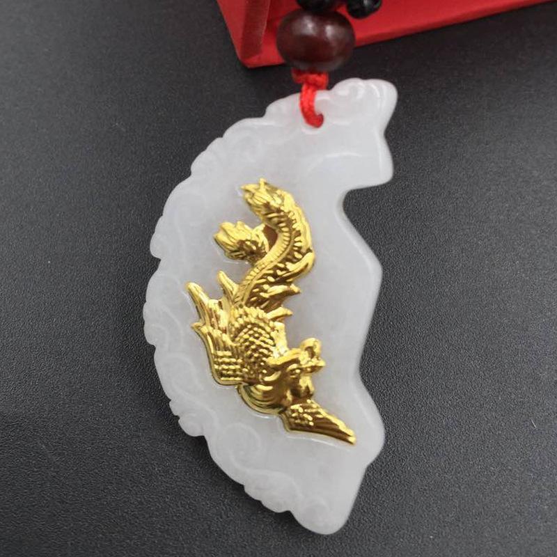 翡翠坠金镶玉颈链龙凤呈祥玉镶黄金玉佩PTJWX9428送女朋友七夕情人节礼物