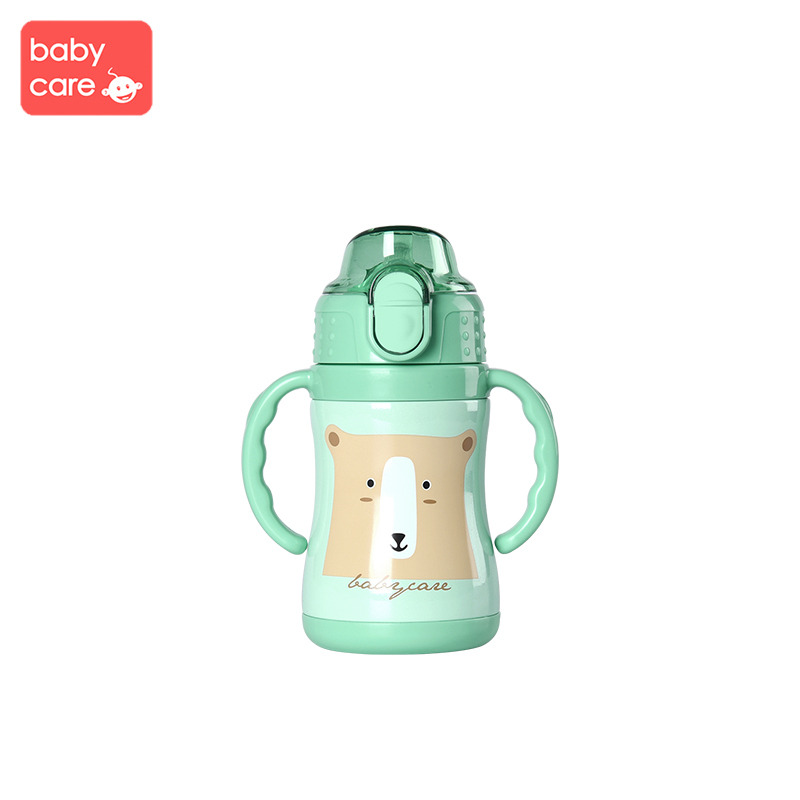 babycare儿童保温用品带吸管防摔幼儿园宝宝喝水杯子学饮杯婴儿水壶 儿童保温杯把手款-浅嗬绿 2930