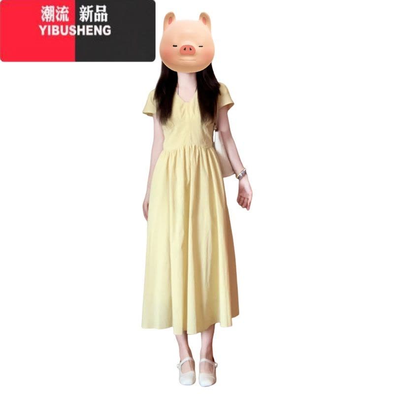 YIBUSHENG法式气质黄色v领短袖连衣裙子女季2024新款微胖mm遮肉显瘦长裙图片