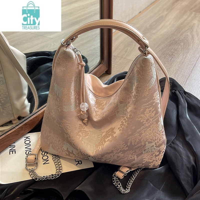 新中式国风包包女式2024新款双肩包设计感小众单肩包大容量水桶包