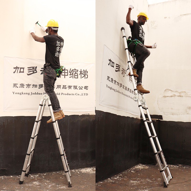 加厚铝合金多功能伸缩梯子家用人字梯直梯升降阁楼梯工程梯 三维工匠 德标两用梯1.9+1.9可变3米8收缩至84厘米家用梯高清大图