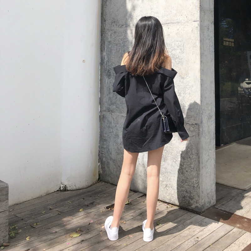 夏季一字领带漏肩长袖衬衫连衣裙女韩版宽松时尚中长款衬衣裙子白色均码
