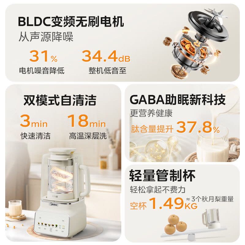 美的(Midea)安睡变频破壁机1.75升家用 豆浆机榨汁料理机 柔音变频电机触控彩屏口感可调MJ-FC18[补贴]图片