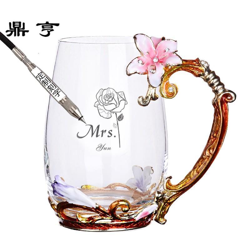 鼎亨幸福百合珐琅彩水杯花茶杯果汁杯咖啡杯子耐热玻璃杯情侣对杯