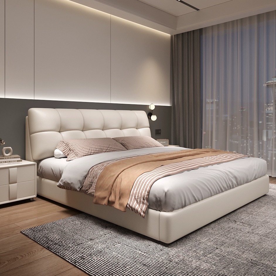 法式奶油风真皮床轻奢现代简约双人床主卧室实木储物床软包大婚床高清大图